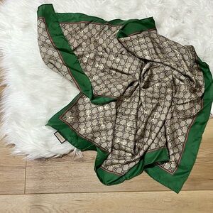 Gucci Beige and Green Logo Silk Scarf